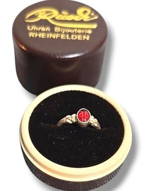 Vintage European Ladybug Baby Ring w Ruedi Swiss Box – Enamel Good Luck Charm